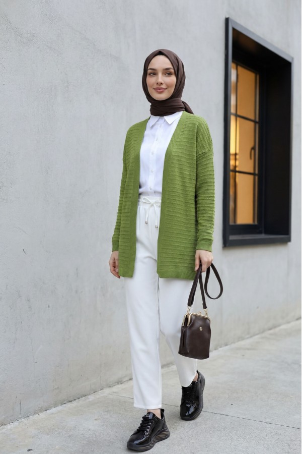 Thin Knit Cardigan with Pom-Pom Detail -PISTACHIO GREEN