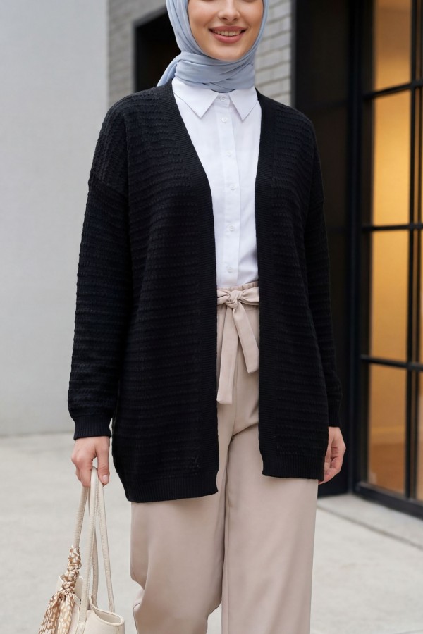 Thin Knit Cardigan with Pom-Pom Detail -Black