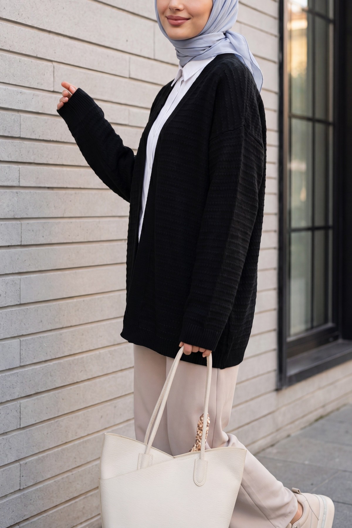 Thin Knit Cardigan with Pom-Pom Detail -Black
