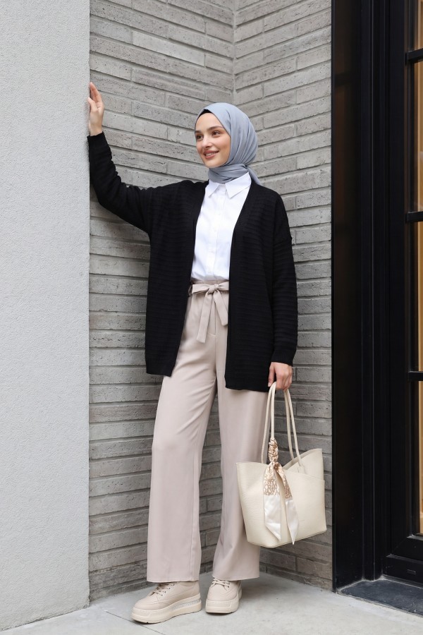 Thin Knit Cardigan with Pom-Pom Detail -Black