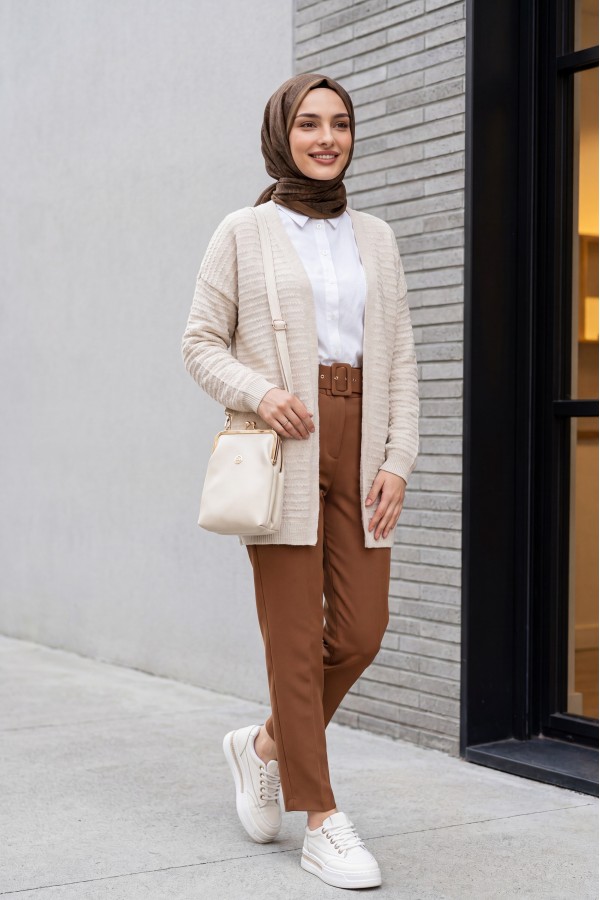 Thin Knit Cardigan with Pom-Pom Detail -Stone