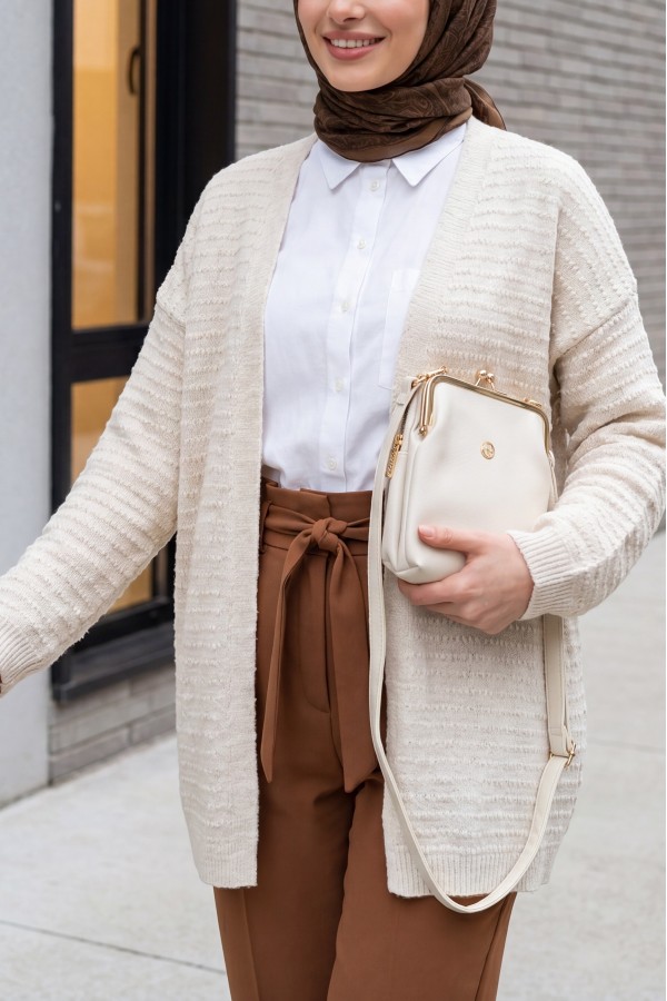 Thin Knit Cardigan with Pom-Pom Detail -Stone