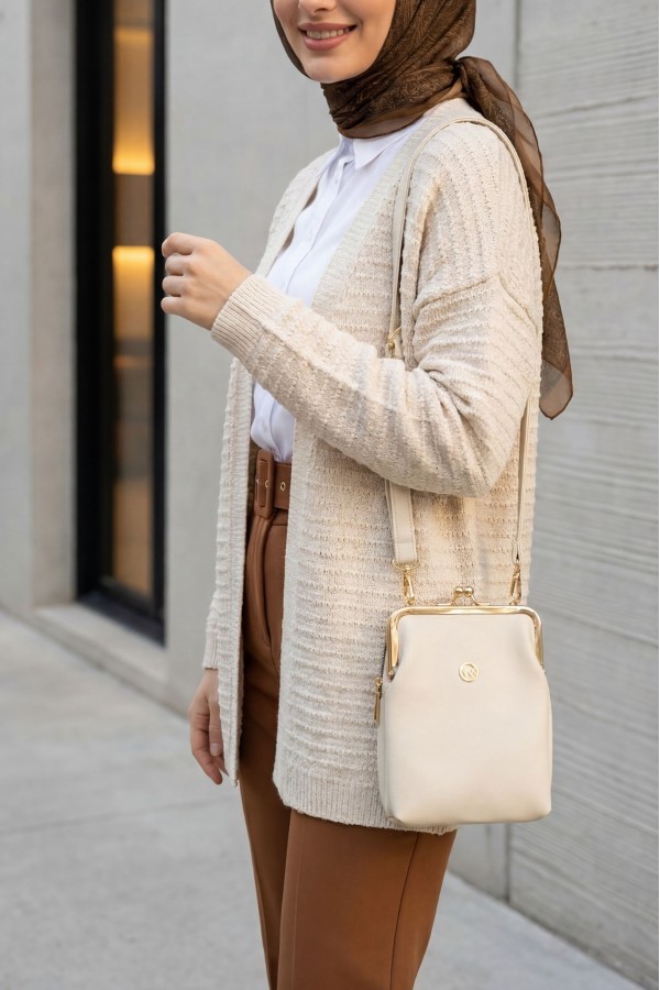 Thin Knit Cardigan with Pom-Pom Detail -Stone