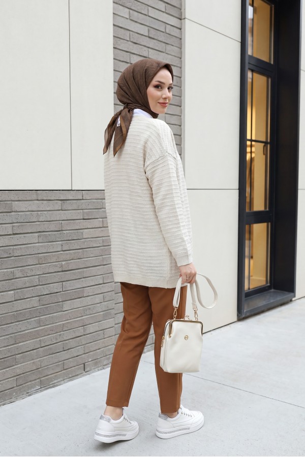 Thin Knit Cardigan with Pom-Pom Detail -Stone