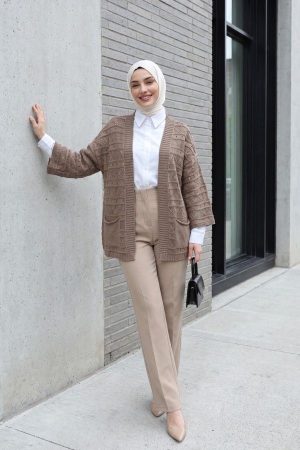 Double Pocket Openwork Spanish Sleeve Knit Cardigan -Light coffee