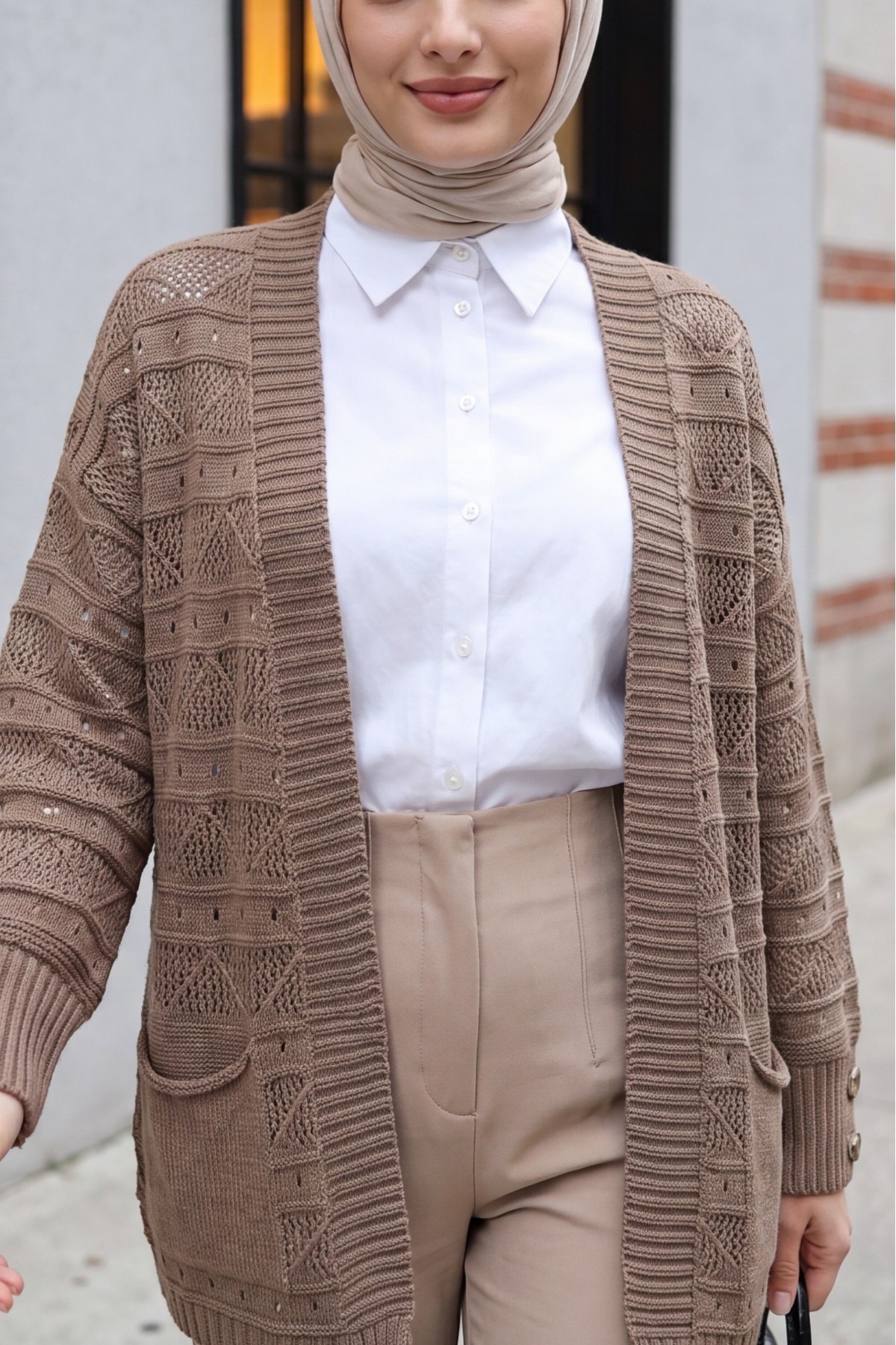 Double Pocket Openwork Spanish Sleeve Knit Cardigan -Light coffee