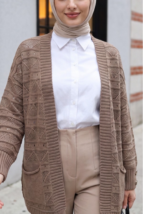 Double Pocket Openwork Spanish Sleeve Knit Cardigan -Light coffee
