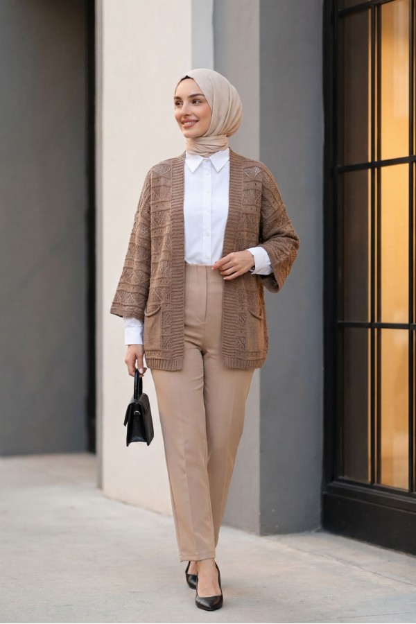 Double Pocket Openwork Spanish Sleeve Knit Cardigan -Light coffee