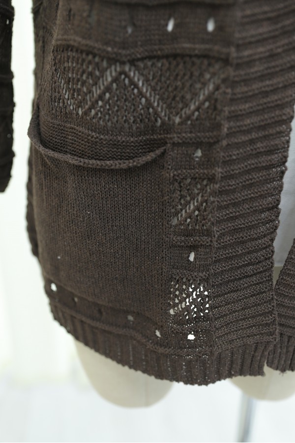 Double Pocket Openwork Spanish Sleeve Knit Cardigan -Dark Coffee