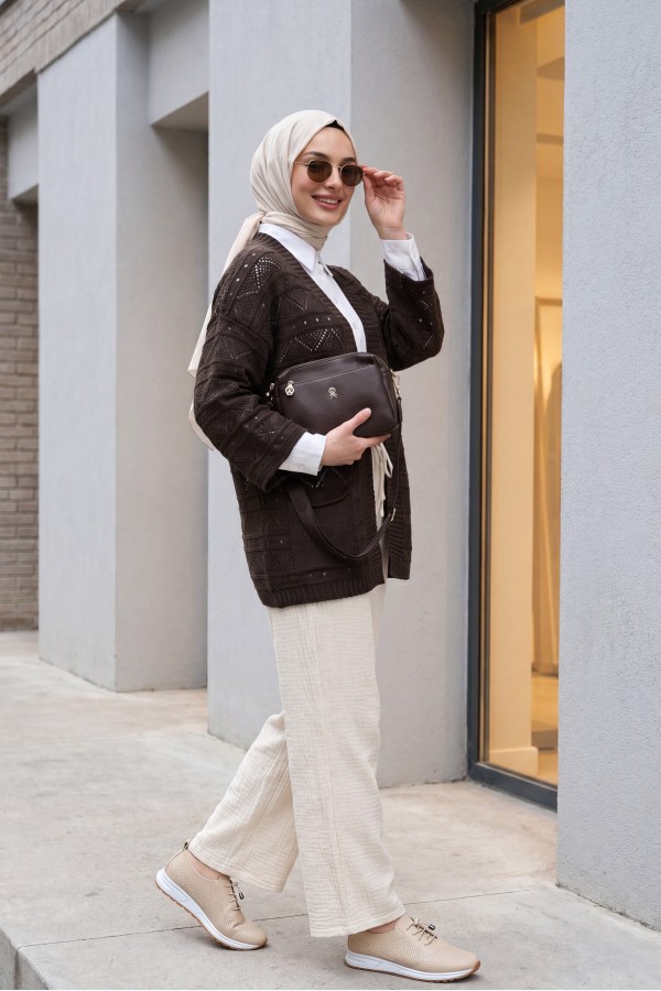 Double Pocket Openwork Spanish Sleeve Knit Cardigan -Dark Coffee