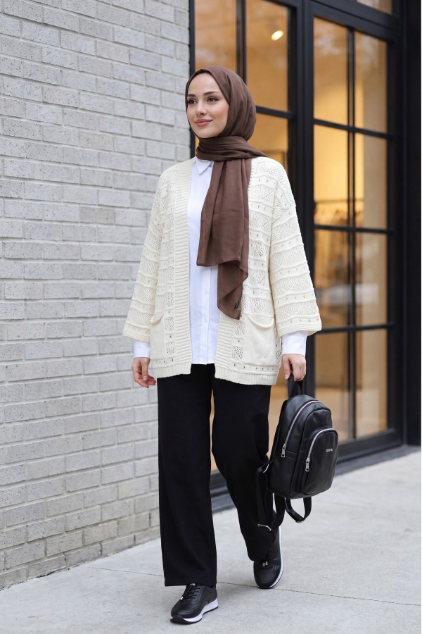 Double Pocket Openwork Spanish Sleeve Knit Cardigan -Cream color
