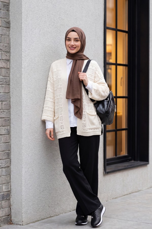 Double Pocket Openwork Spanish Sleeve Knit Cardigan -Cream color