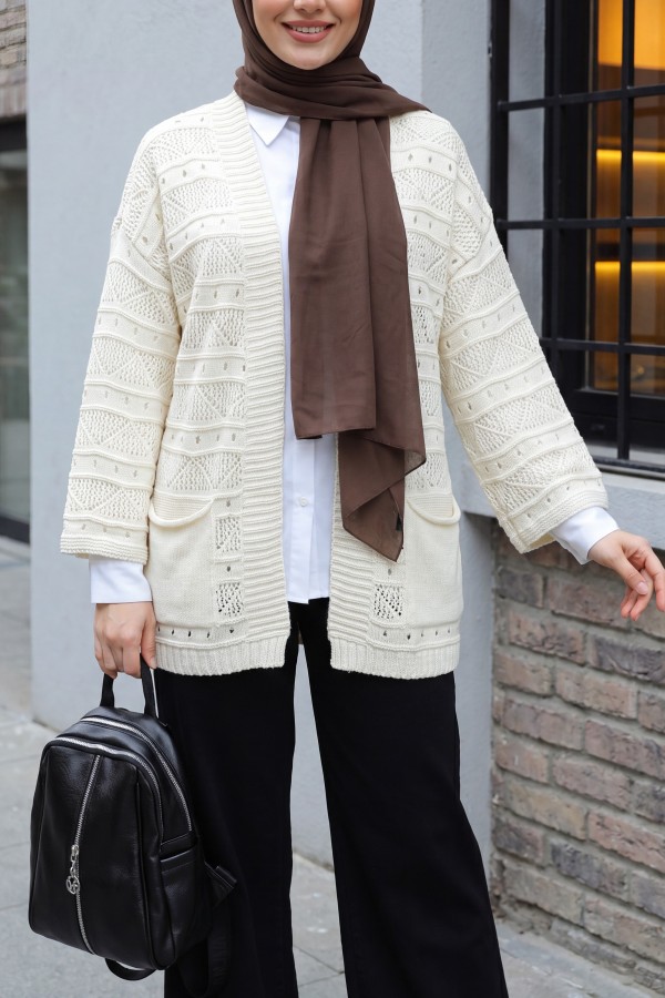 Double Pocket Openwork Spanish Sleeve Knit Cardigan -Cream color