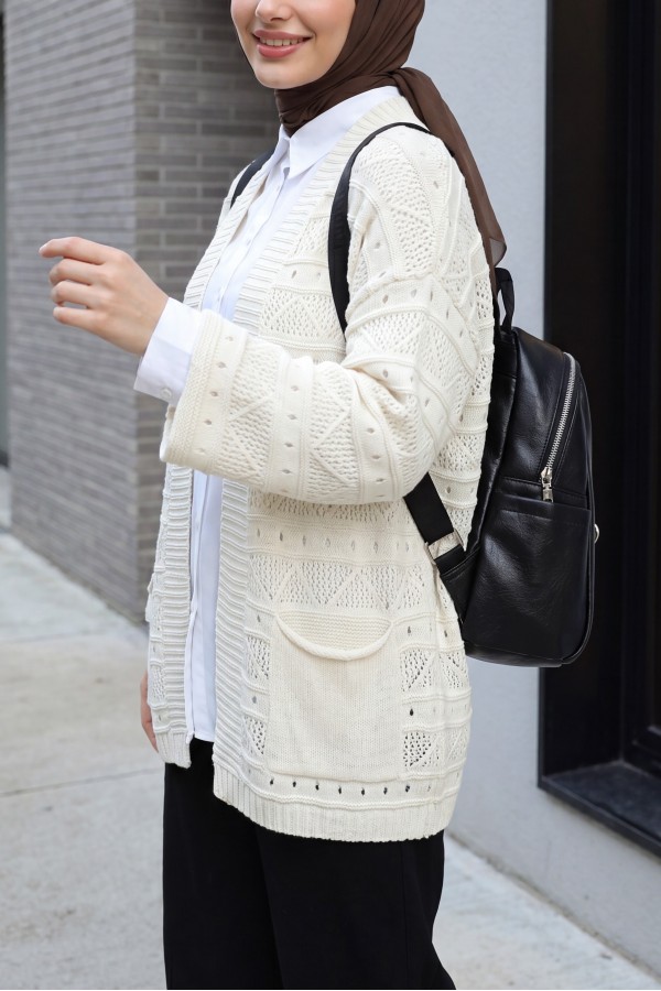 Double Pocket Openwork Spanish Sleeve Knit Cardigan -Cream color