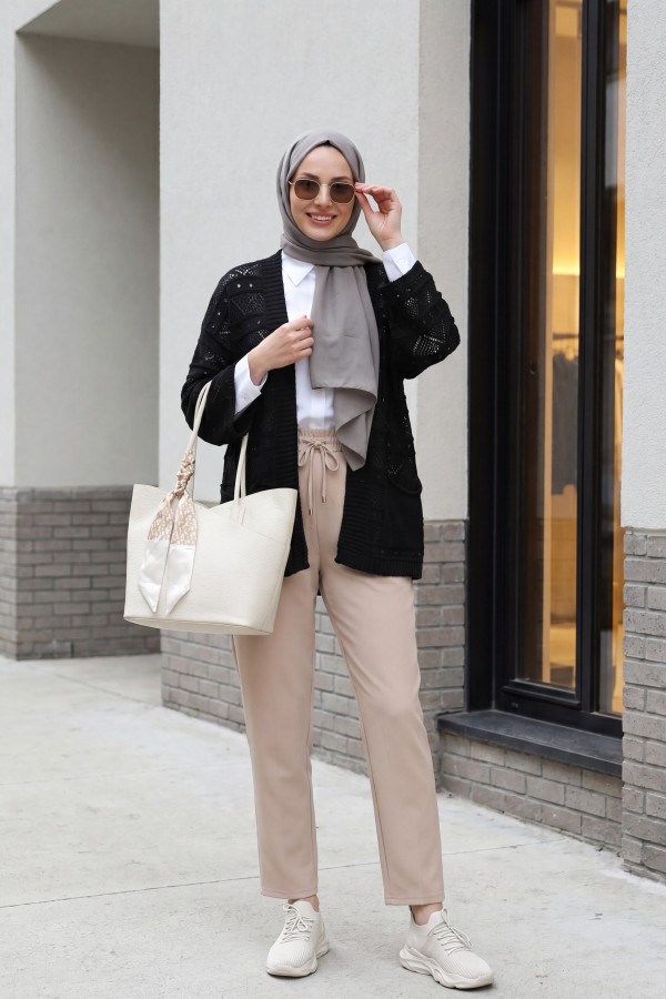Double Pocket Openwork Spanish Sleeve Knit Cardigan -Black