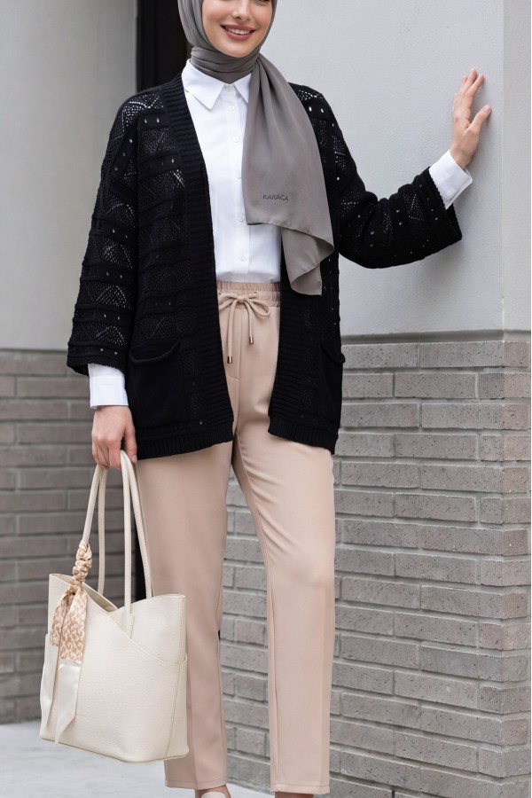 Double Pocket Openwork Spanish Sleeve Knit Cardigan -Black