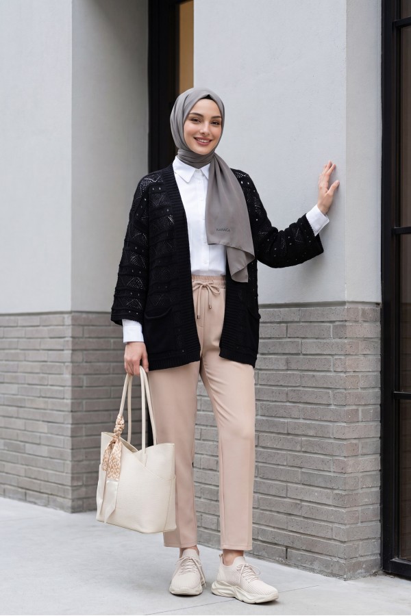 Double Pocket Openwork Spanish Sleeve Knit Cardigan -Black