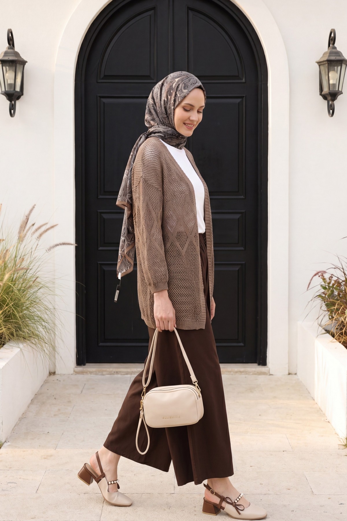 Baklava Patterned Openwork Knit Cardigan  -Light coffee detay görseli