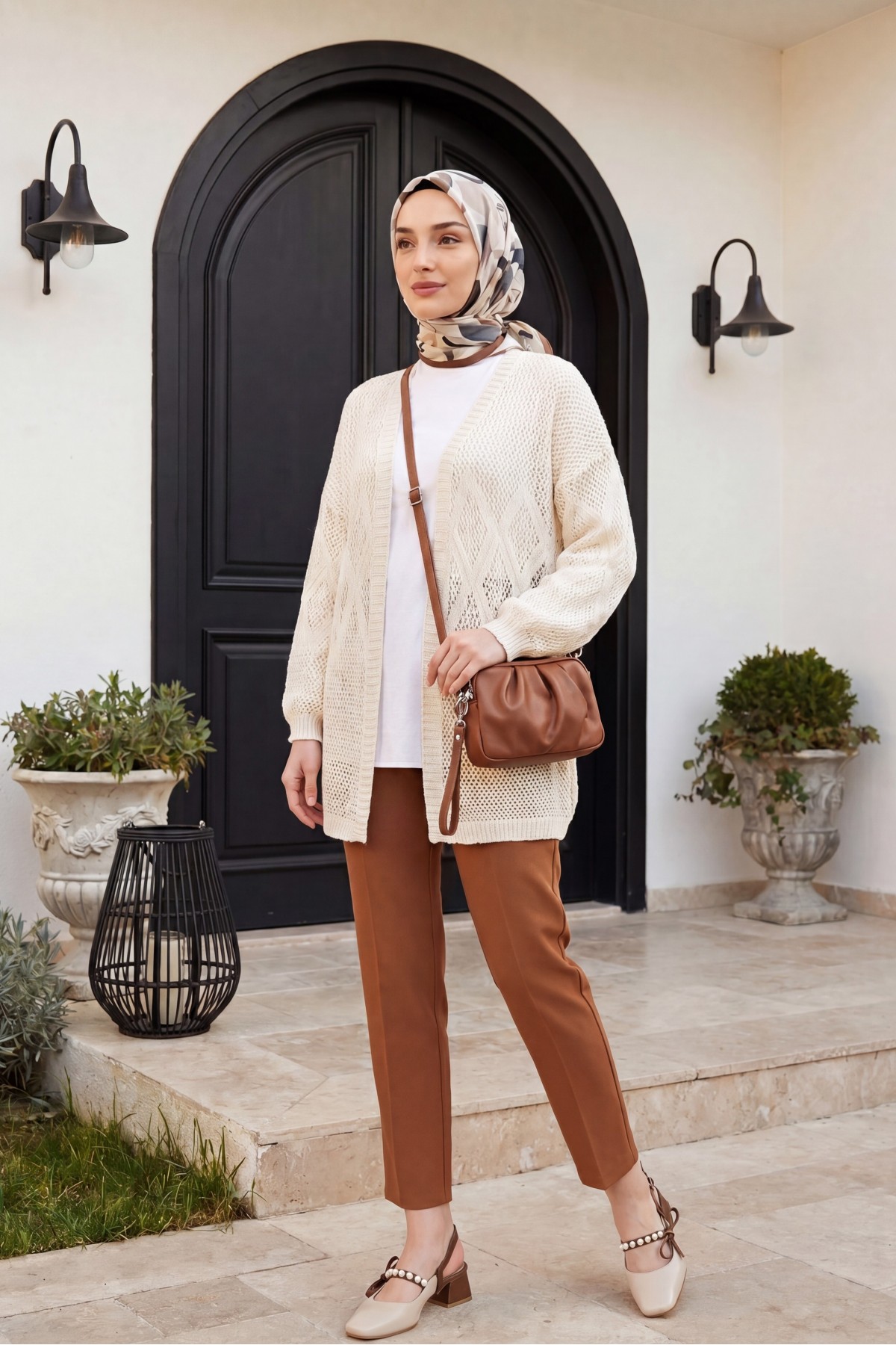 Baklava Patterned Openwork Knit Cardigan  -Cream color