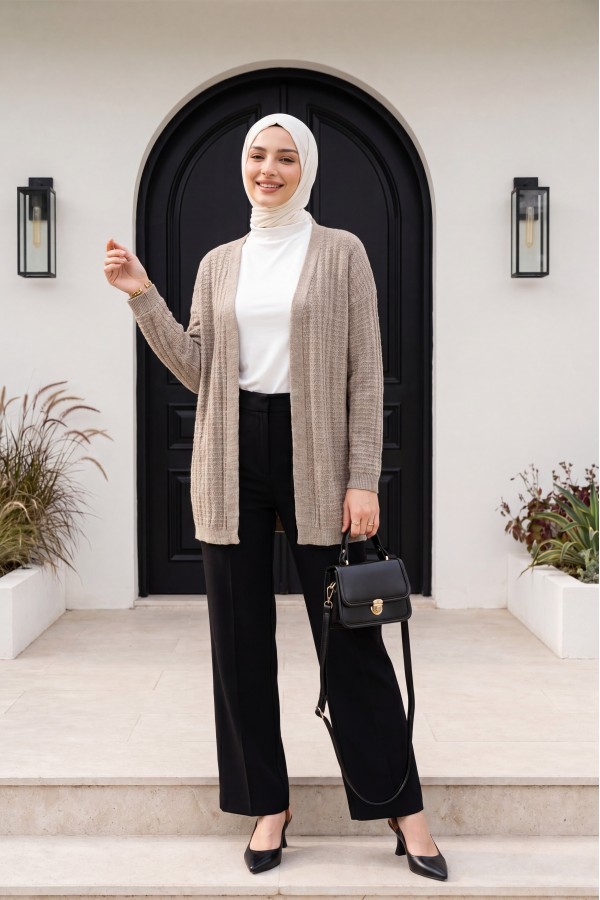 Openwork Thin Knit Cardigan -Light coffee