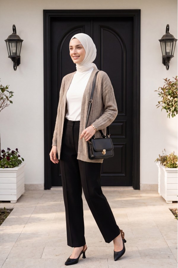 Openwork Thin Knit Cardigan -Light coffee