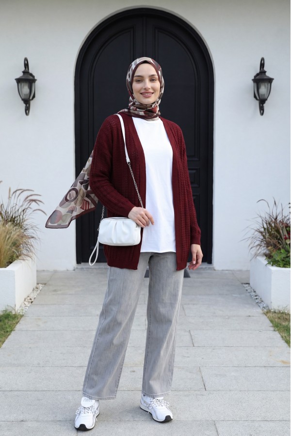 Openwork Thin Knit Cardigan -Maroon