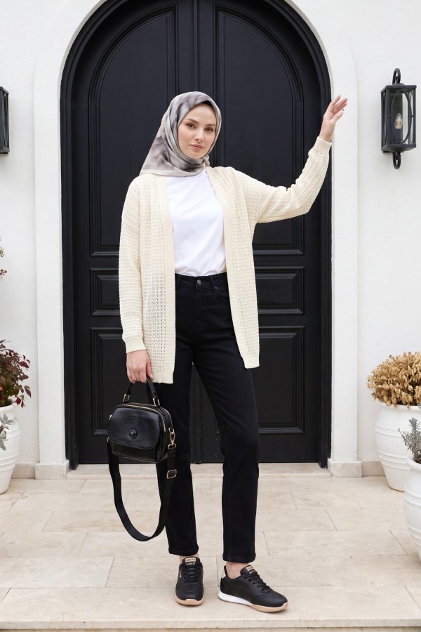 Openwork Thin Knit Cardigan -Cream color