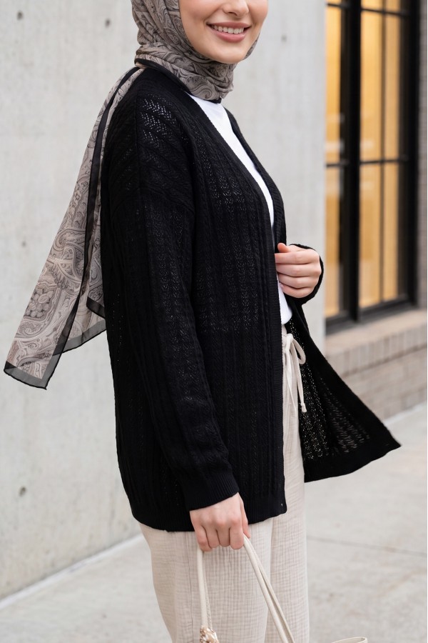 Openwork Thin Knit Cardigan -Black