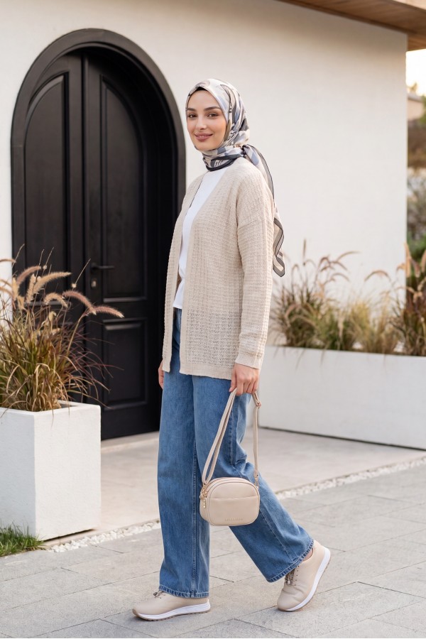 Openwork Thin Knit Cardigan -Stone