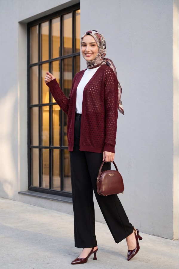 Openwork Loose Knit Cardigan -Maroon
