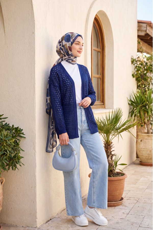 Openwork Loose Knit Cardigan -Navy blue