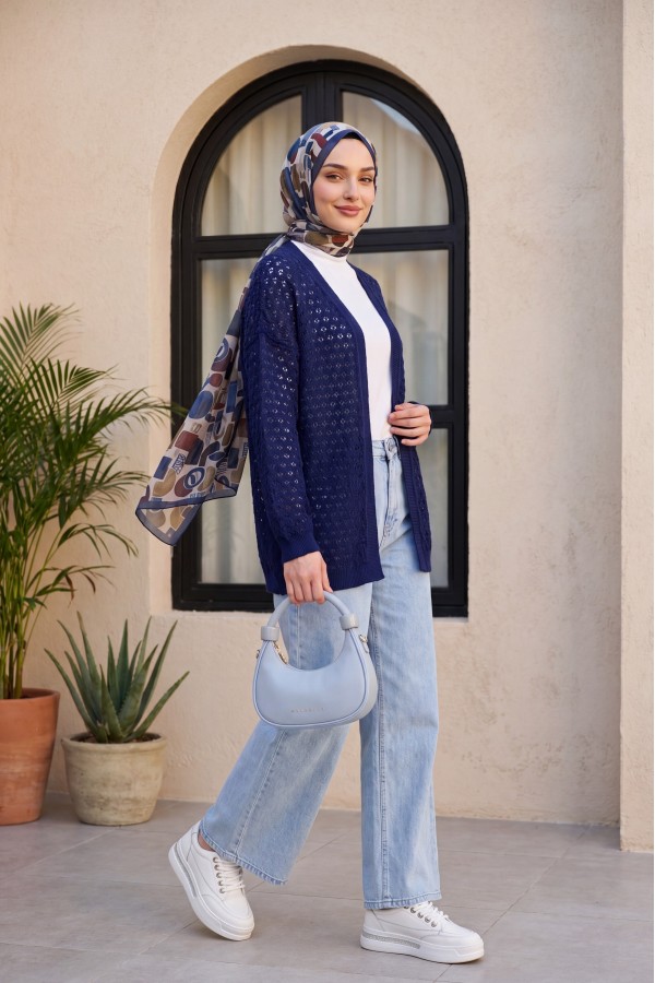 Openwork Loose Knit Cardigan -Navy blue