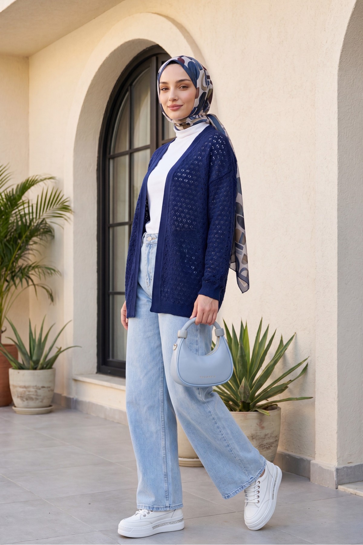 Openwork Loose Knit Cardigan -Navy blue