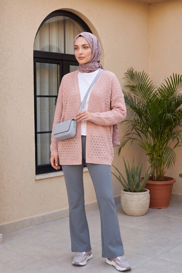 Openwork Loose Knit Cardigan -Powder