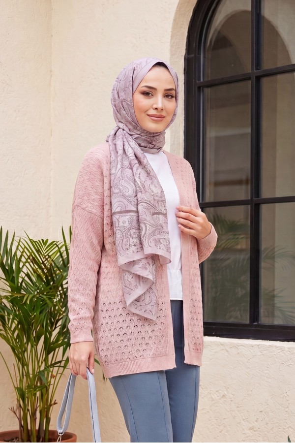 Openwork Loose Knit Cardigan -Powder