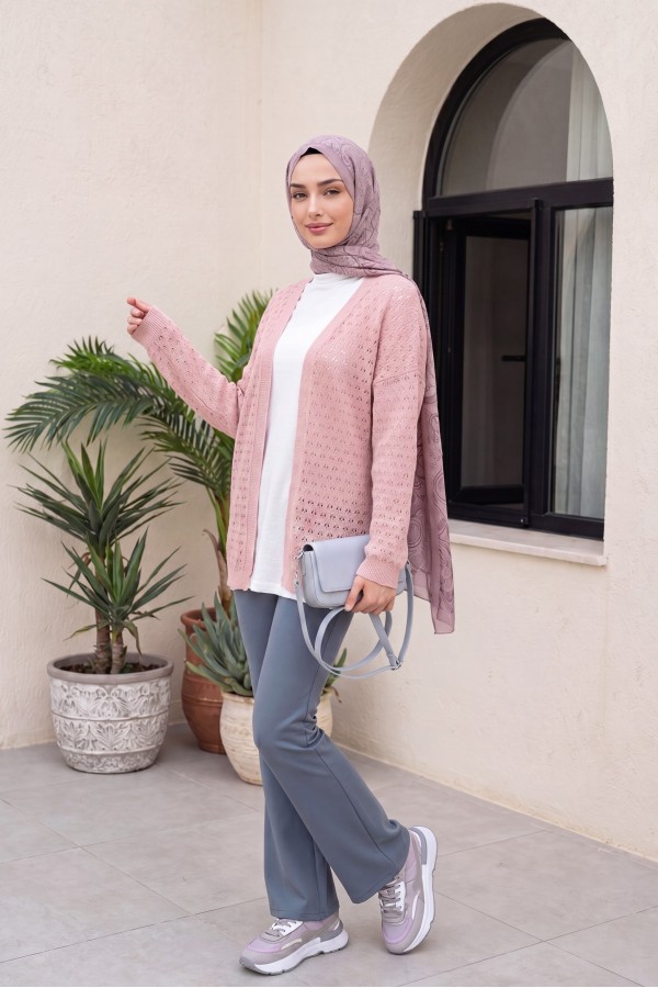 Openwork Loose Knit Cardigan -Powder