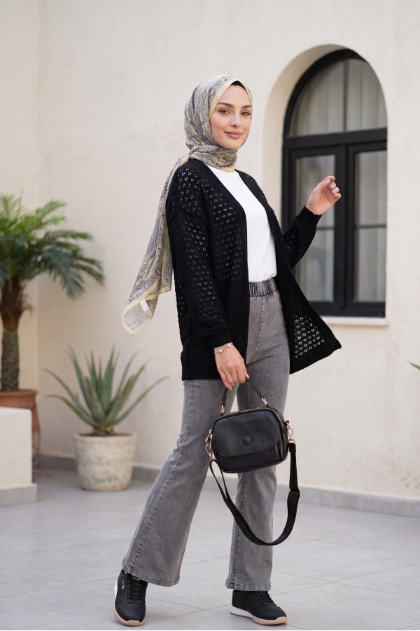 Openwork Loose Knit Cardigan -Black