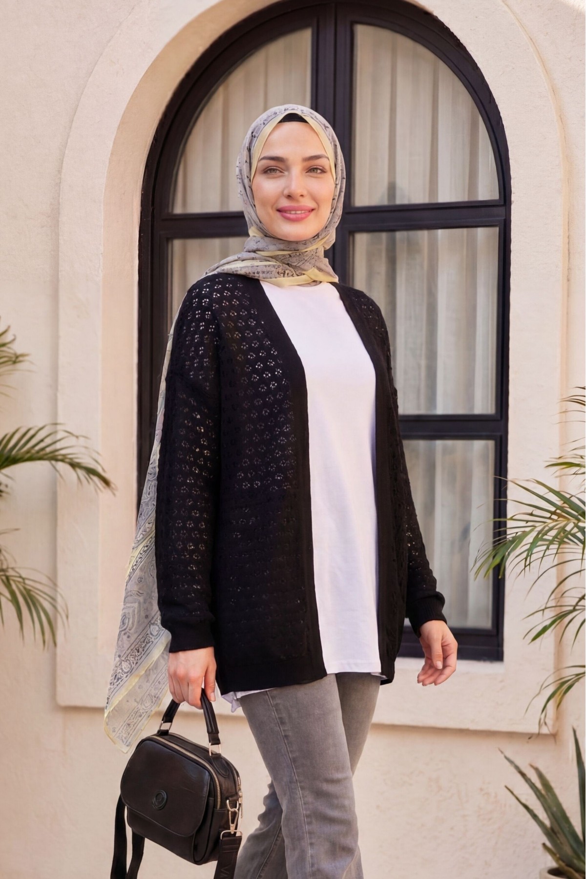 Openwork Loose Knit Cardigan -Black