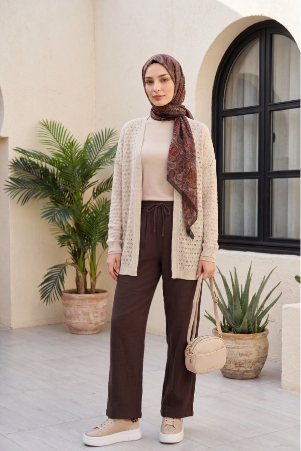Openwork Loose Knit Cardigan -Stone