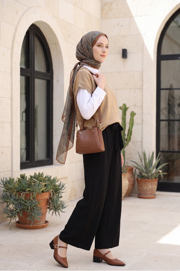V-Neck Short Sleeve Knitted Tunic with Glittery Sleeves and Collar -Snuff