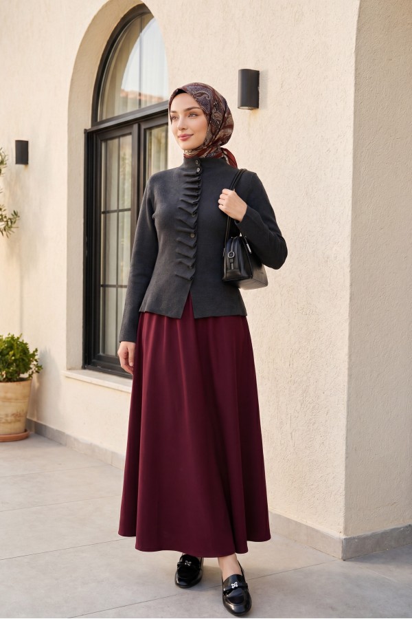 Buttoned, High-Neck Knit Cardigan with Ruffled Front -Anthracite