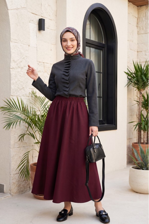 Buttoned, High-Neck Knit Cardigan with Ruffled Front -Anthracite
