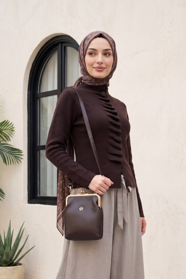 Buttoned, High-Neck Knit Cardigan with Ruffled Front -Dark Coffee
