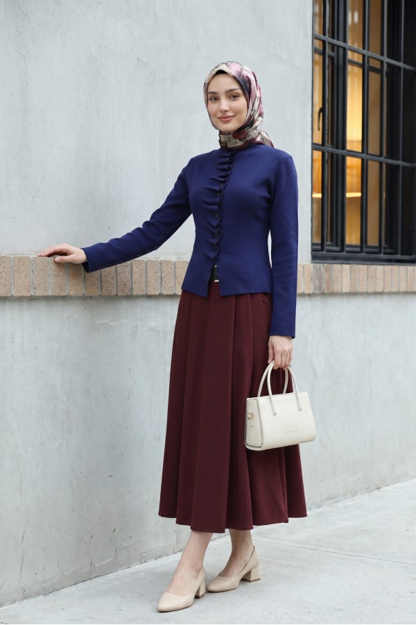 Buttoned, High-Neck Knit Cardigan with Ruffled Front -Navy blue