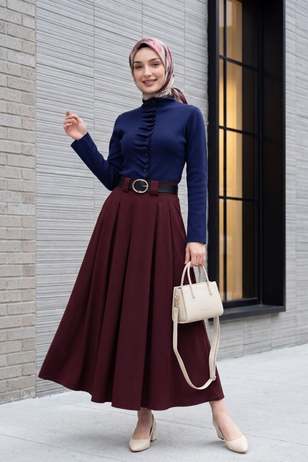 Buttoned, High-Neck Knit Cardigan with Ruffled Front -Navy blue