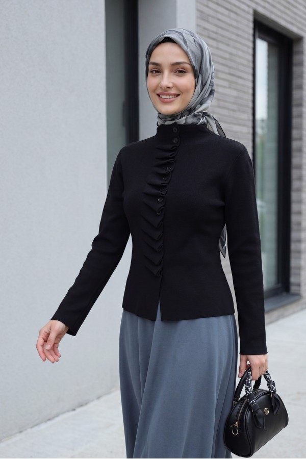 Buttoned, High-Neck Knit Cardigan with Ruffled Front -Black