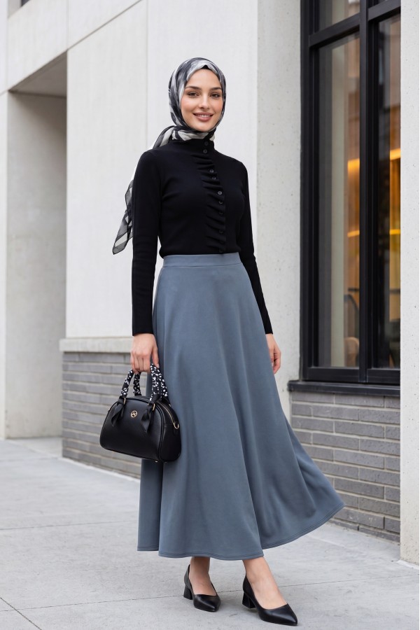Buttoned, High-Neck Knit Cardigan with Ruffled Front -Black