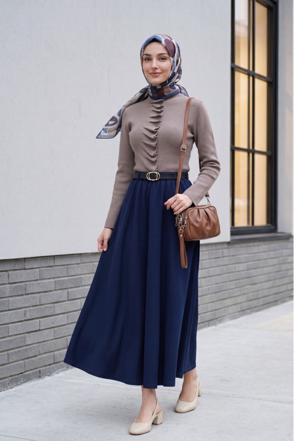 Buttoned, High-Neck Knit Cardigan with Ruffled Front -Mink color
