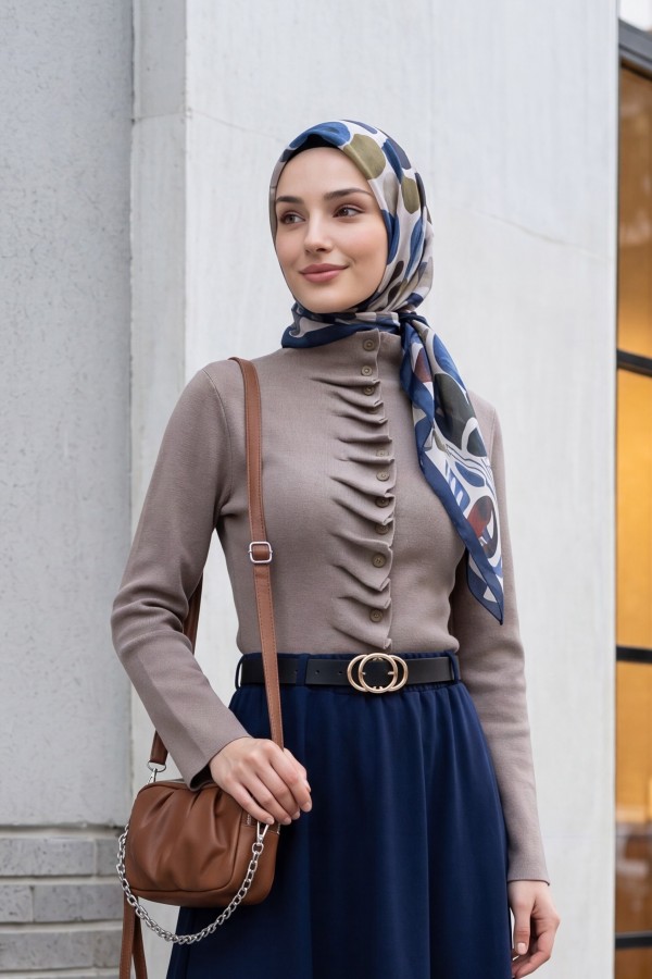Buttoned, High-Neck Knit Cardigan with Ruffled Front -Mink color