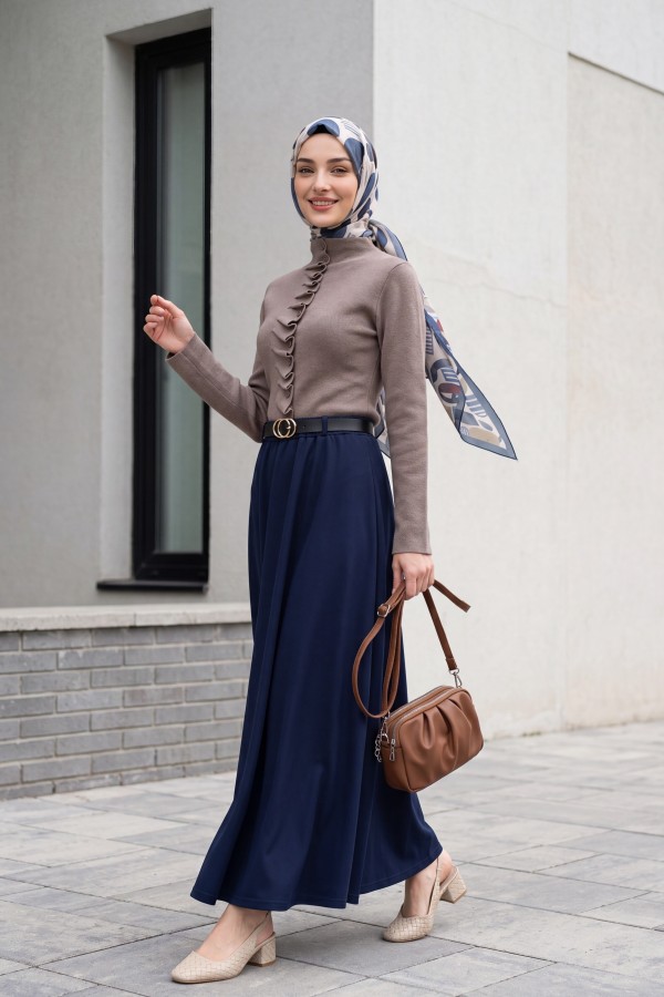 Buttoned, High-Neck Knit Cardigan with Ruffled Front -Mink color